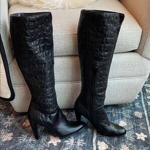 Stuart Weitzman Black Croc Embossed Over the Knee Boots